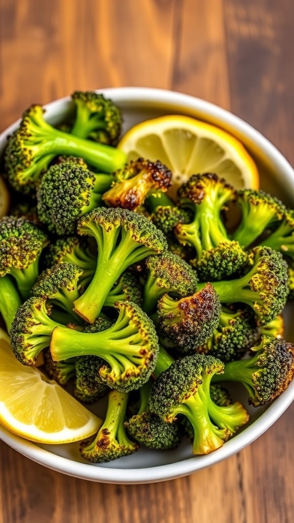 Crispy Air Fryer Roasted Broccoli Recipe Crispy air fryer roasted broccoli in a bowl with lemon wedge on a rustic table.